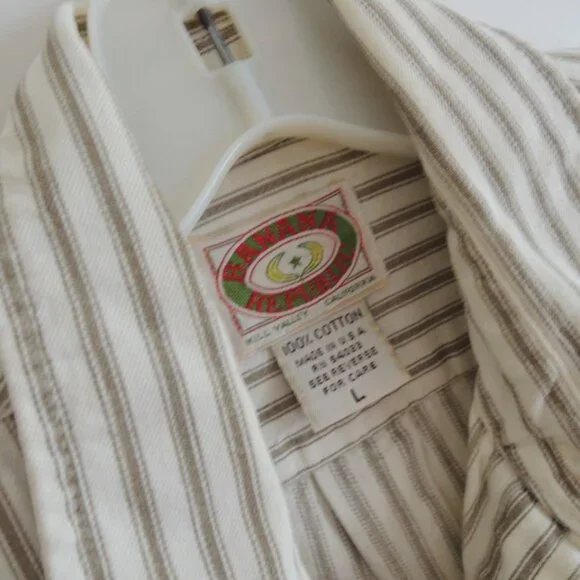 Banana Republic Shirt Size M Off White + Tan Cotton Ticking L/S - Vtg 80s Label